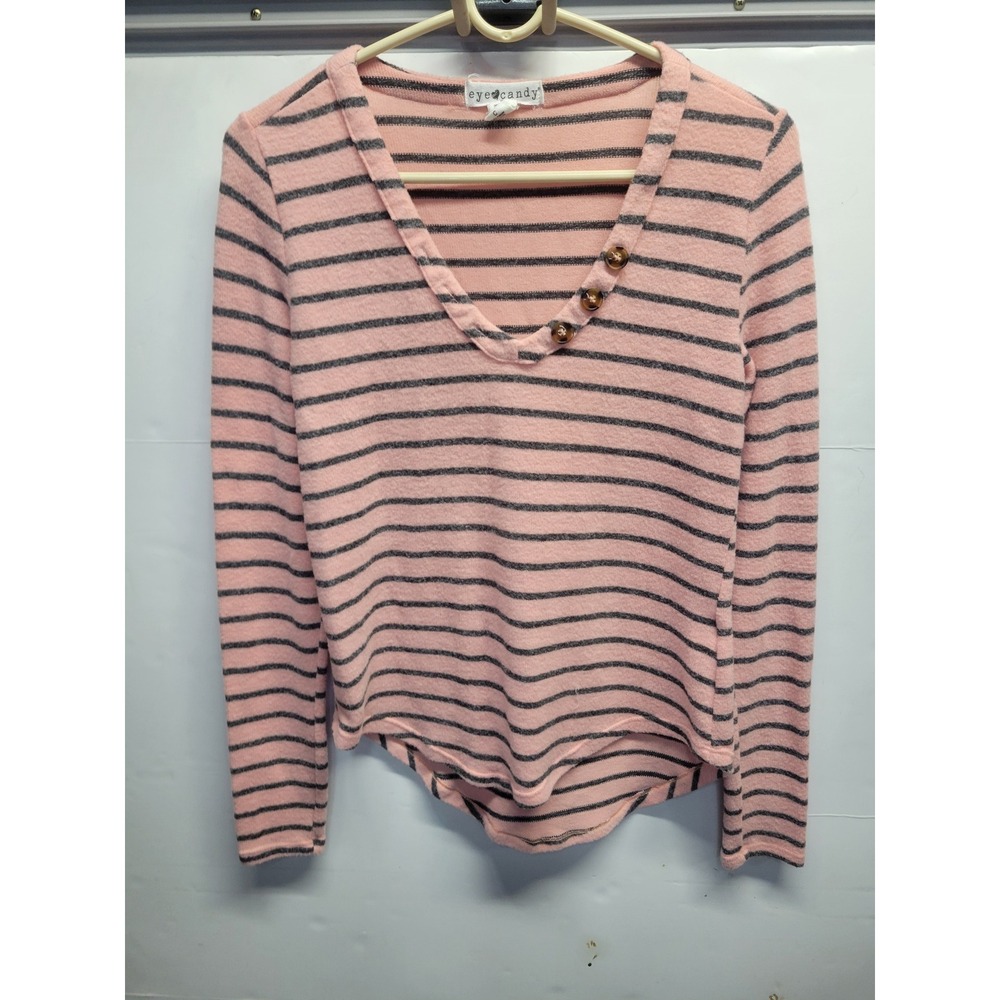 Eye Candy Womens Pink Grey Striped V-Neck Long Sleeve Button Detail Top Small
